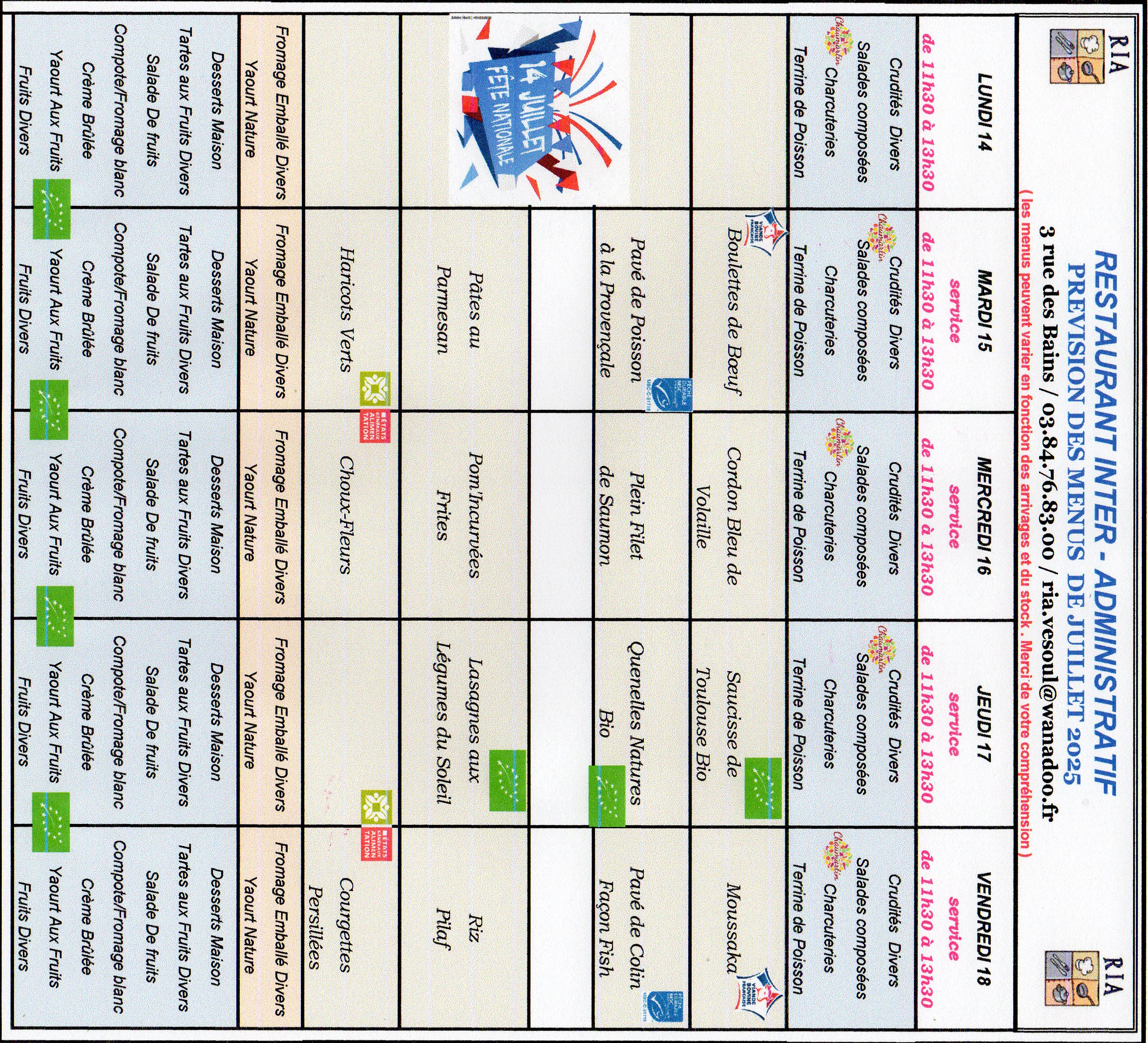 Menus JUILLET 03
